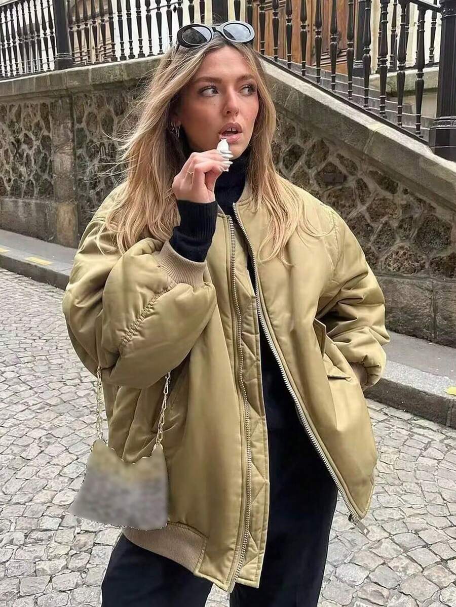 Women's Black Bomber Jacket Front Zip Pockets Long Sleeve Casual Warm Coat For Fall Winter