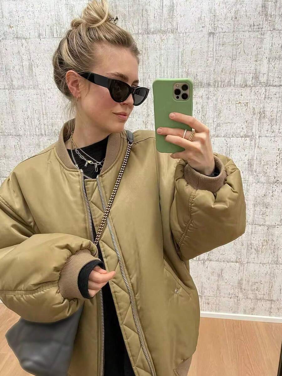 Women's Black Bomber Jacket Front Zip Pockets Long Sleeve Casual Warm Coat For Fall Winter