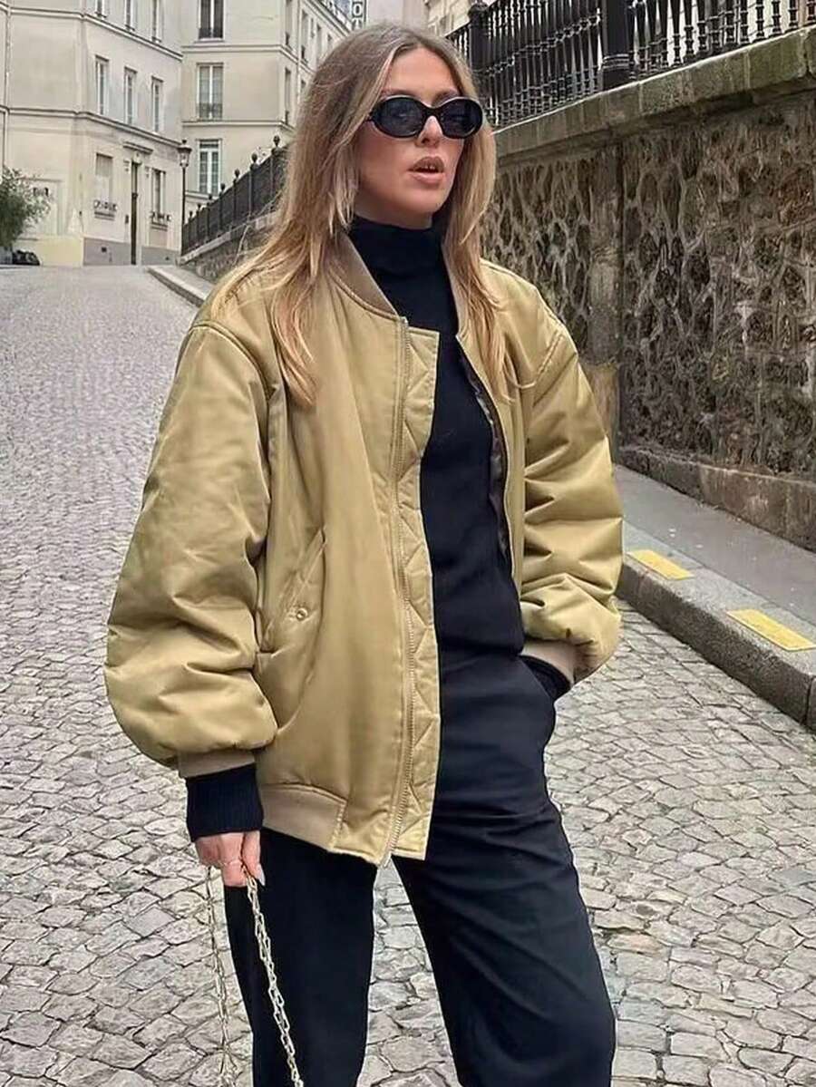Women's Black Bomber Jacket Front Zip Pockets Long Sleeve Casual Warm Coat For Fall Winter