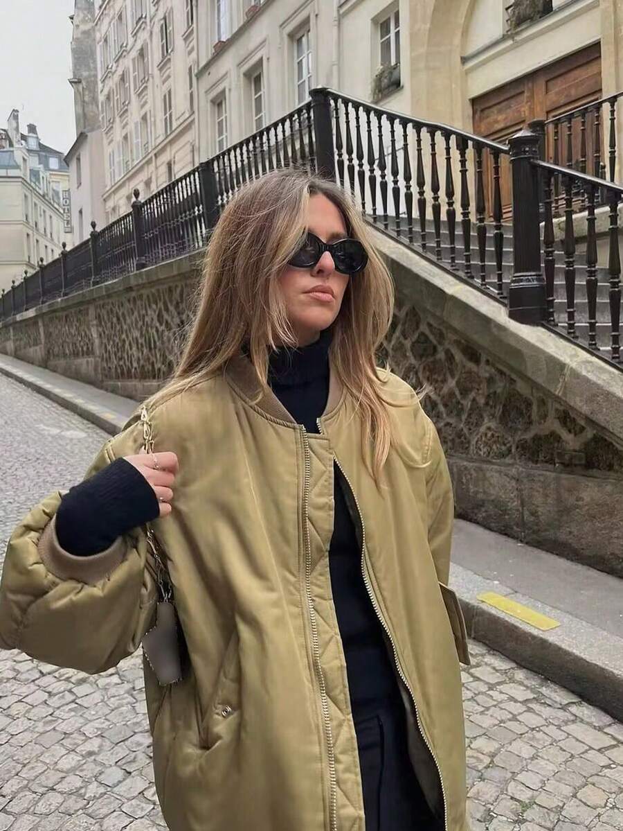 Women's Black Bomber Jacket Front Zip Pockets Long Sleeve Casual Warm Coat For Fall Winter