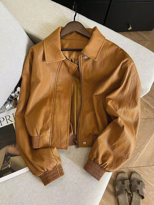 Airaco Women's Solid Color PU Leather Long Sleeve Zip-Up Casual Jacket, Autumn