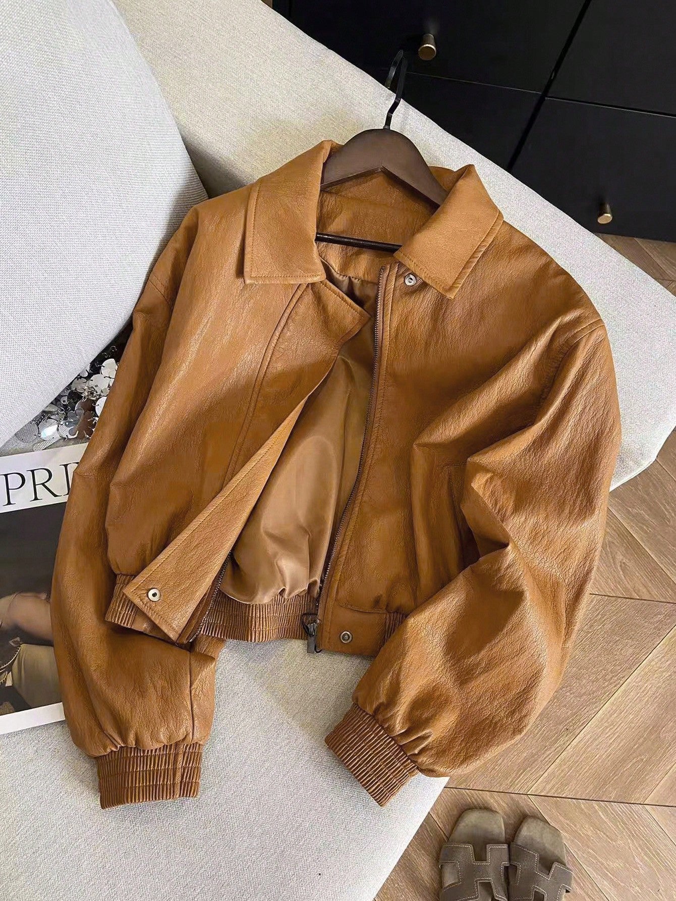 Airaco Women's Solid Color PU Leather Long Sleeve Zip-Up Casual Jacket, Autumn