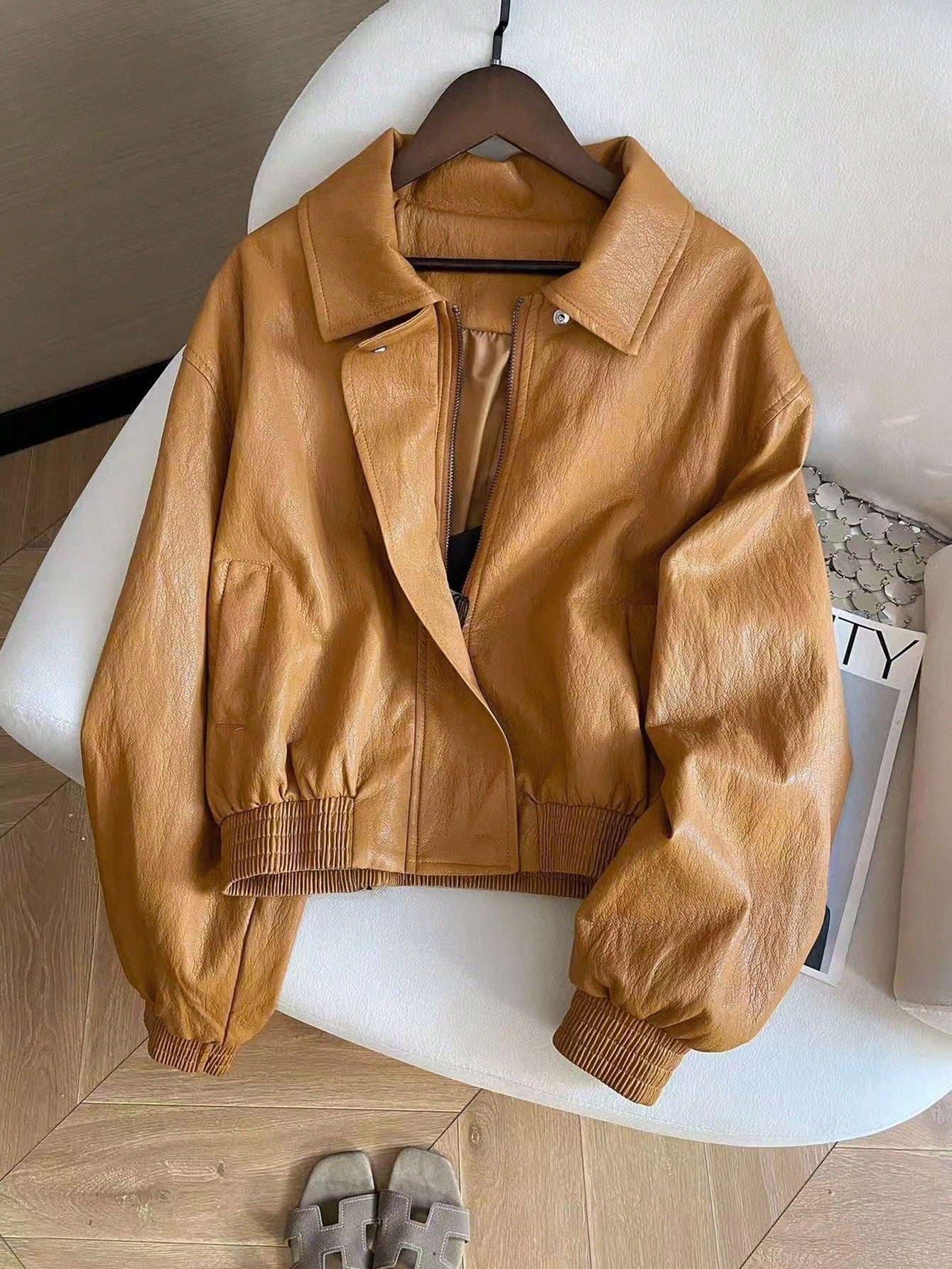 Airaco Women's Solid Color PU Leather Long Sleeve Zip-Up Casual Jacket, Autumn