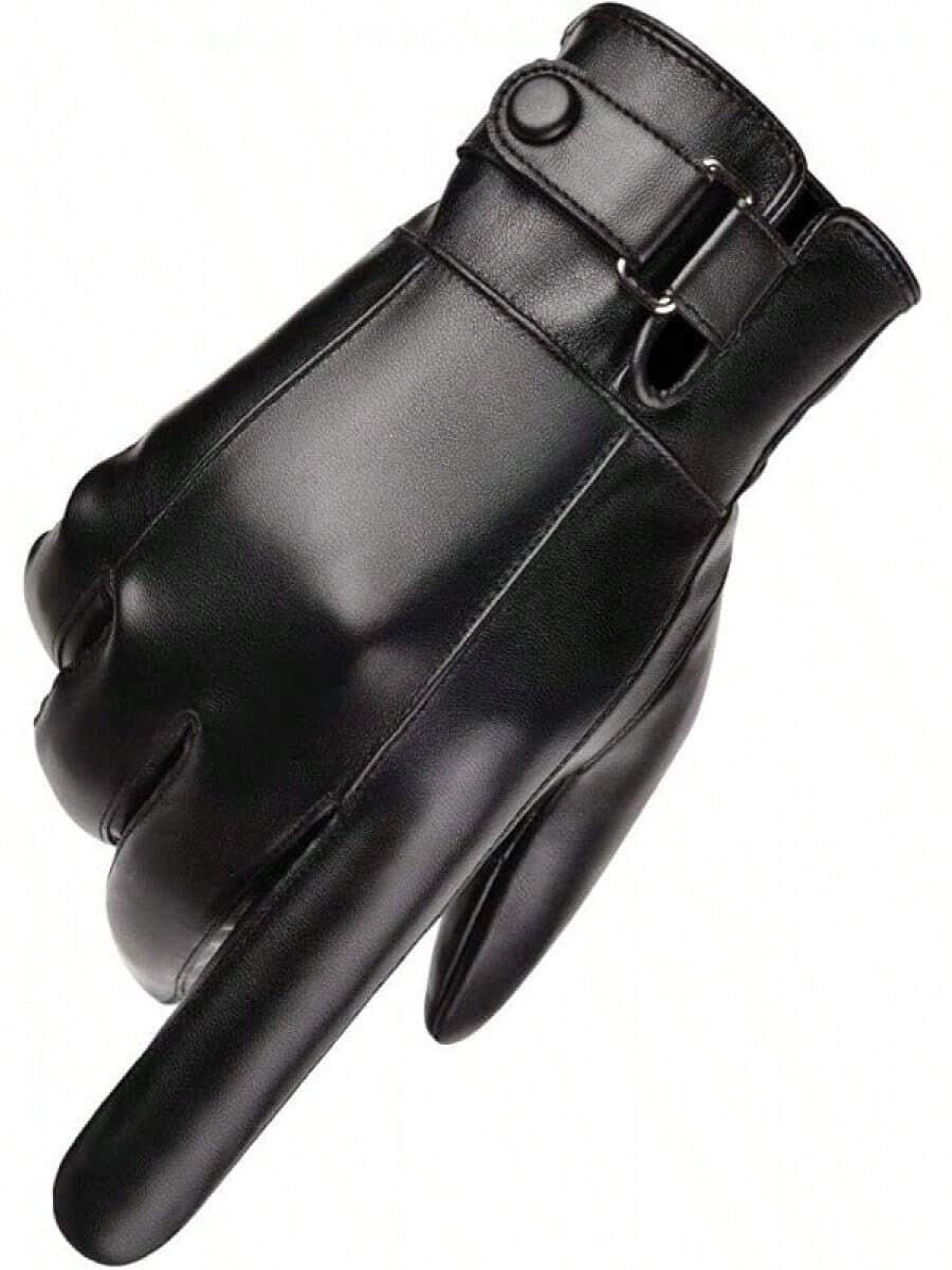 Men's Autumn and Winter Style Black Brown Smooth PU Leather Thickened Velvet Screen Gloves
