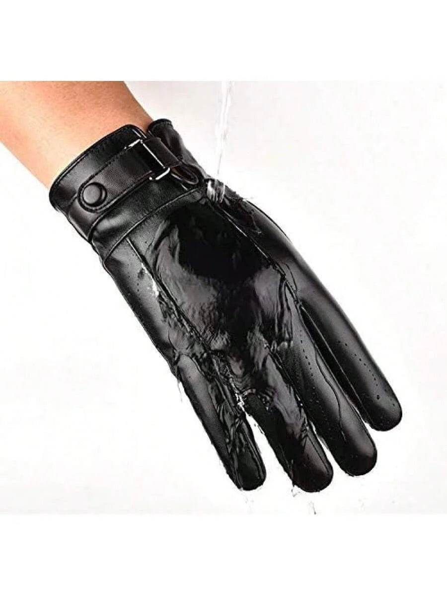 Men's Autumn and Winter Style Black Brown Smooth PU Leather Thickened Velvet Screen Gloves