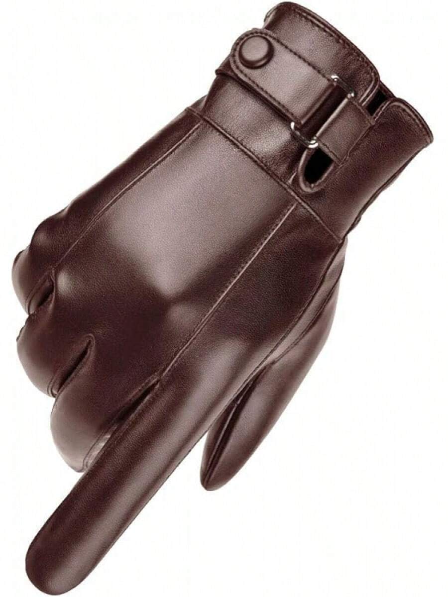 Men's Autumn and Winter Style Black Brown Smooth PU Leather Thickened Velvet Screen Gloves