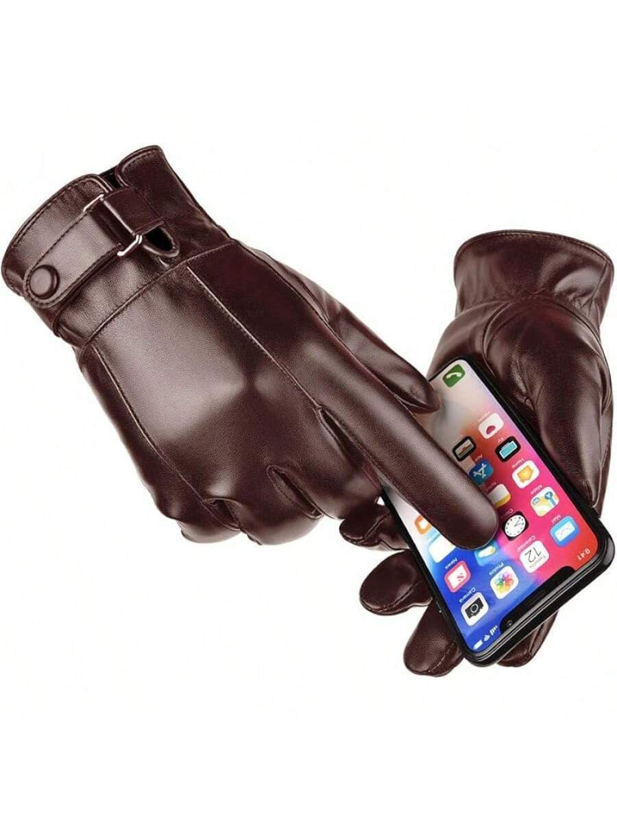 Men's Autumn and Winter Style Black Brown Smooth PU Leather Thickened Velvet Screen Gloves