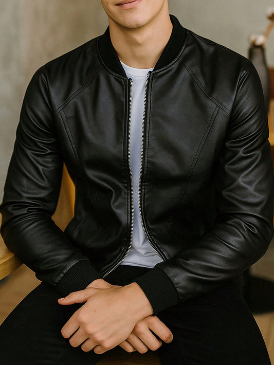 1pc Men's Baseball Collar PU Leather Jacket, With Zipper Pockets, Outdoor Motorcycle Style, Thickened Spring/Autumn Motorcycle Jacket For Men,Fleece