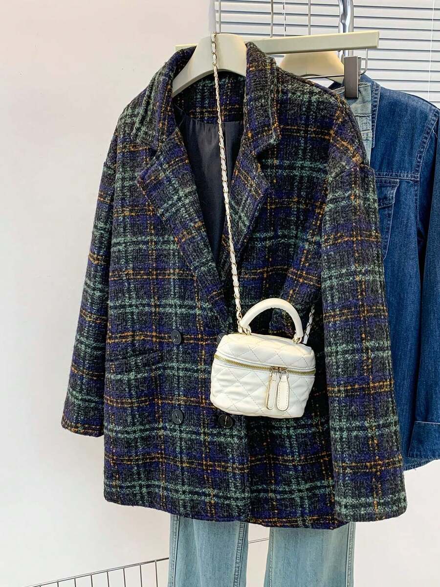 Women's Tweed Plaid Notched Lapel Front Button Relaxed Fit British Style Casual Long Sleeve Coat With Pockets For Fall Winter Spring
