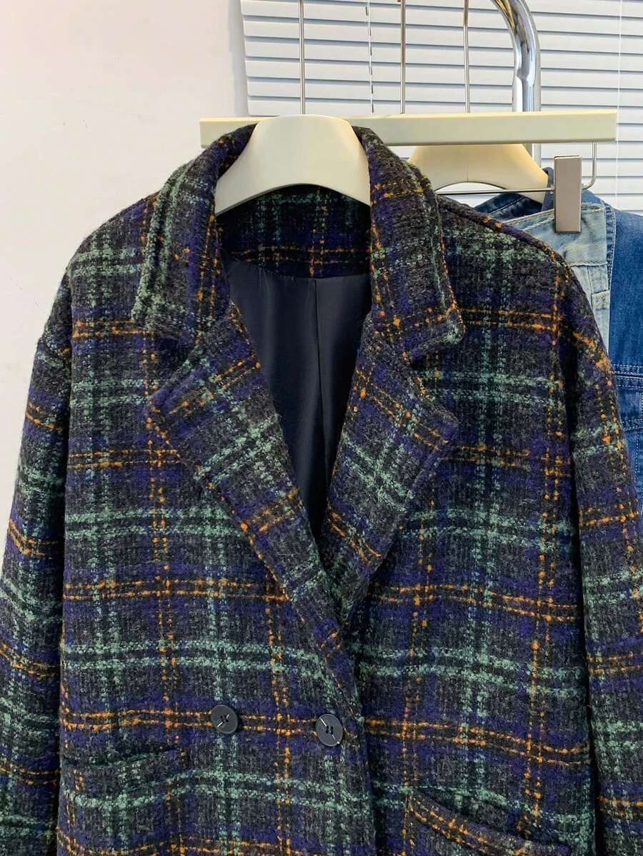 Women's Tweed Plaid Notched Lapel Front Button Relaxed Fit British Style Casual Long Sleeve Coat With Pockets For Fall Winter Spring