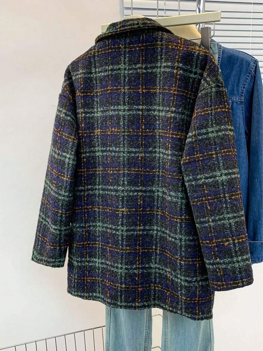 Women's Tweed Plaid Notched Lapel Front Button Relaxed Fit British Style Casual Long Sleeve Coat With Pockets For Fall Winter Spring