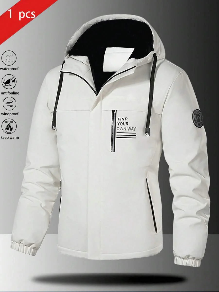 1pc Men's Lightweight Windproof Waterproof Hooded Jacket With Letter Print, Casual Outdoor Hiking Camping Workout, Autumn/Winter