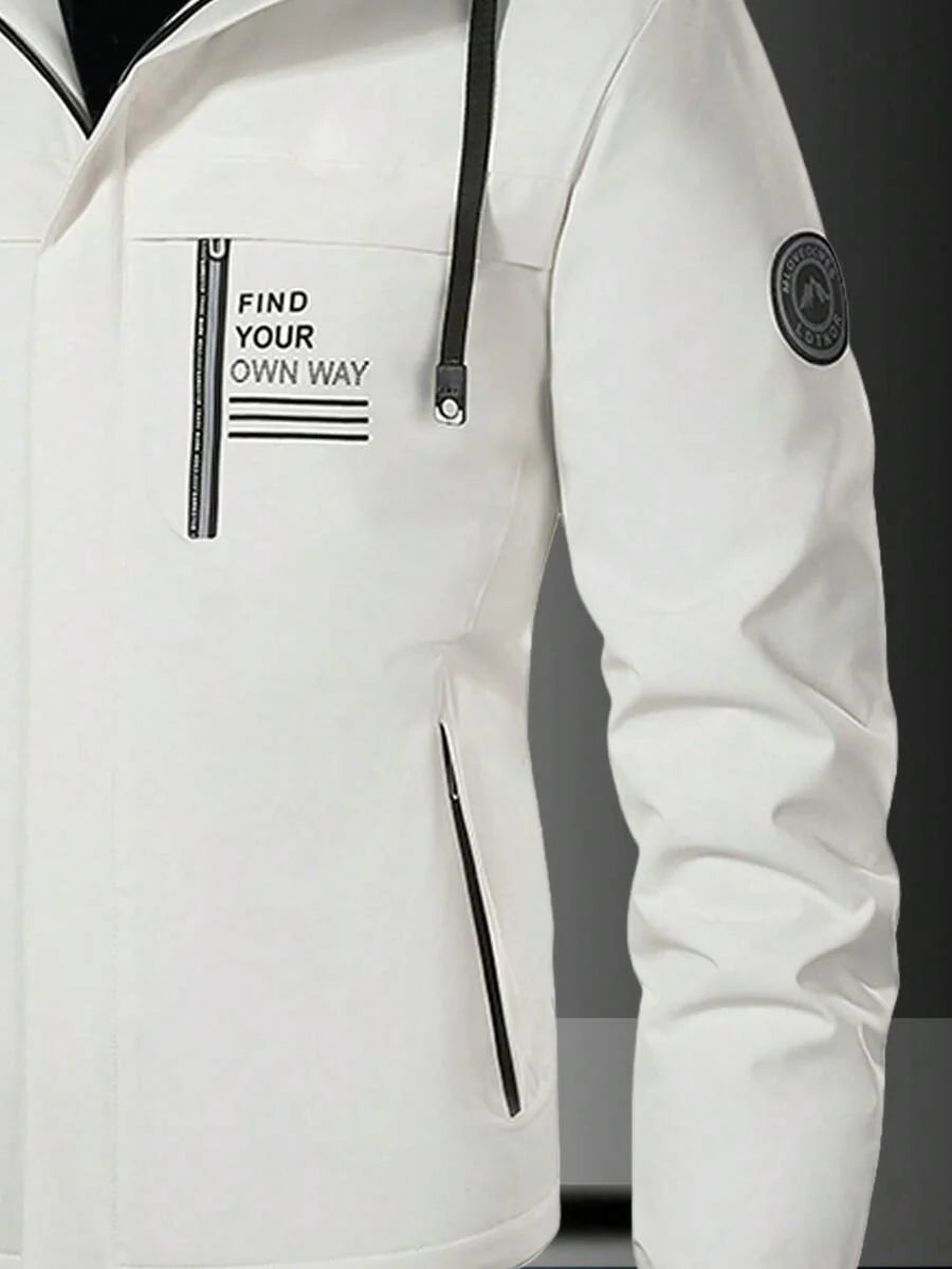 1pc Men's Lightweight Windproof Waterproof Hooded Jacket With Letter Print, Casual Outdoor Hiking Camping Workout, Autumn/Winter
