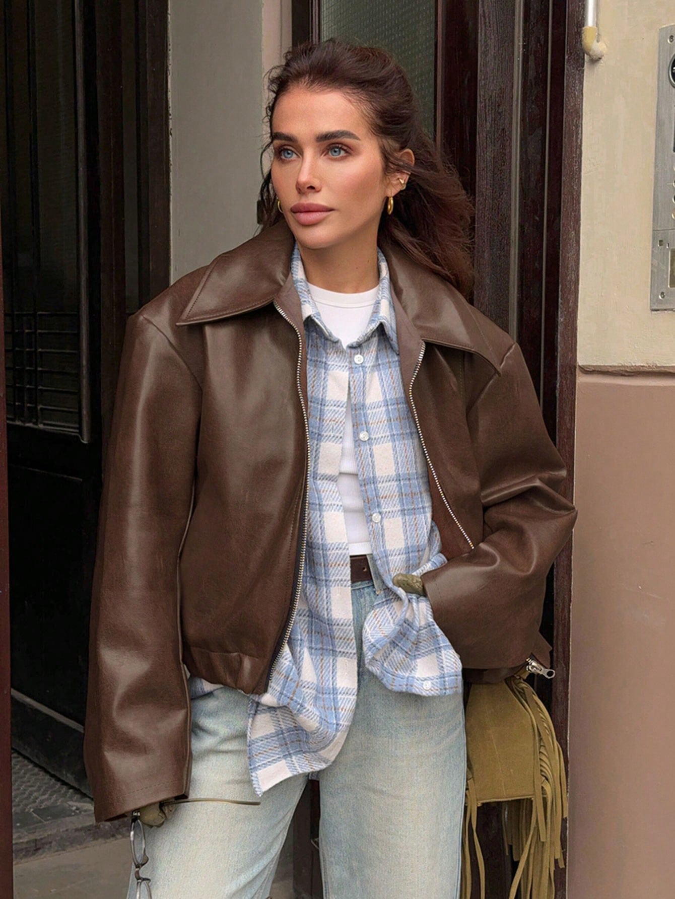 Women's PU Leather Casual Solid Color Pocket Zipper Jacket