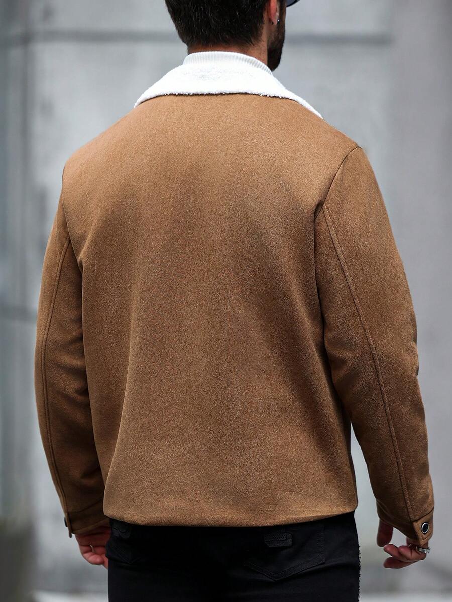 Manfinity Homme Men's Ultra-Oversized Flap Pocket Teddy Fleece-Lined Zipper Front Jacket