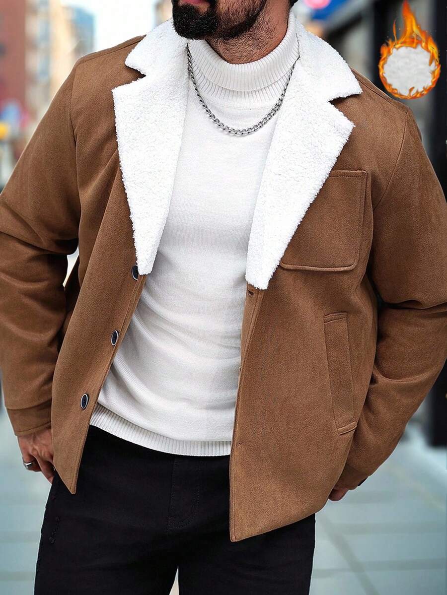 Manfinity Homme Men's Ultra-Oversized Flap Pocket Teddy Fleece-Lined Zipper Front Jacket