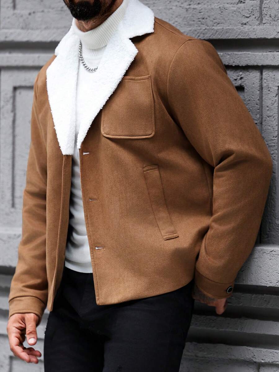 Manfinity Homme Men's Ultra-Oversized Flap Pocket Teddy Fleece-Lined Zipper Front Jacket