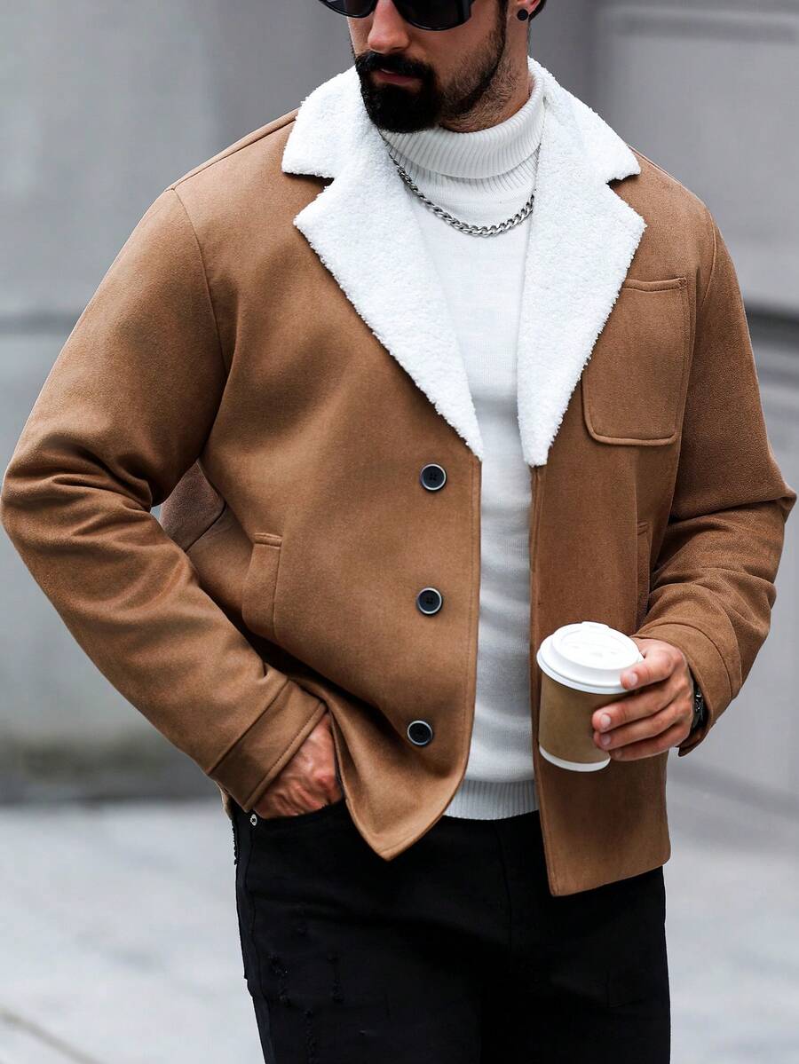 Manfinity Homme Men's Ultra-Oversized Flap Pocket Teddy Fleece-Lined Zipper Front Jacket