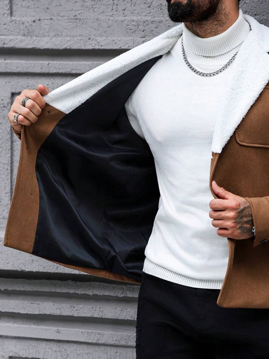 Manfinity Homme Men's Ultra-Oversized Flap Pocket Teddy Fleece-Lined Zipper Front Jacket