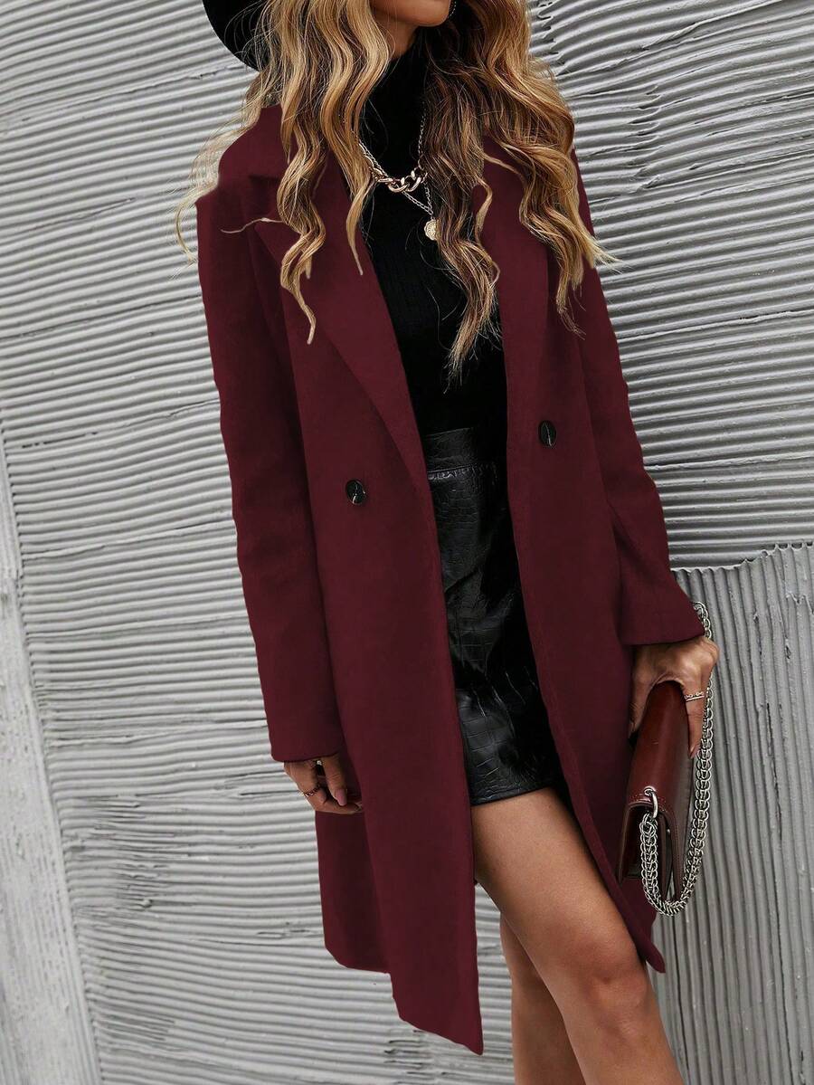 EMERY ROSE Women's Casual Solid Color Double-Breasted Overcoat, Autumn/Winter