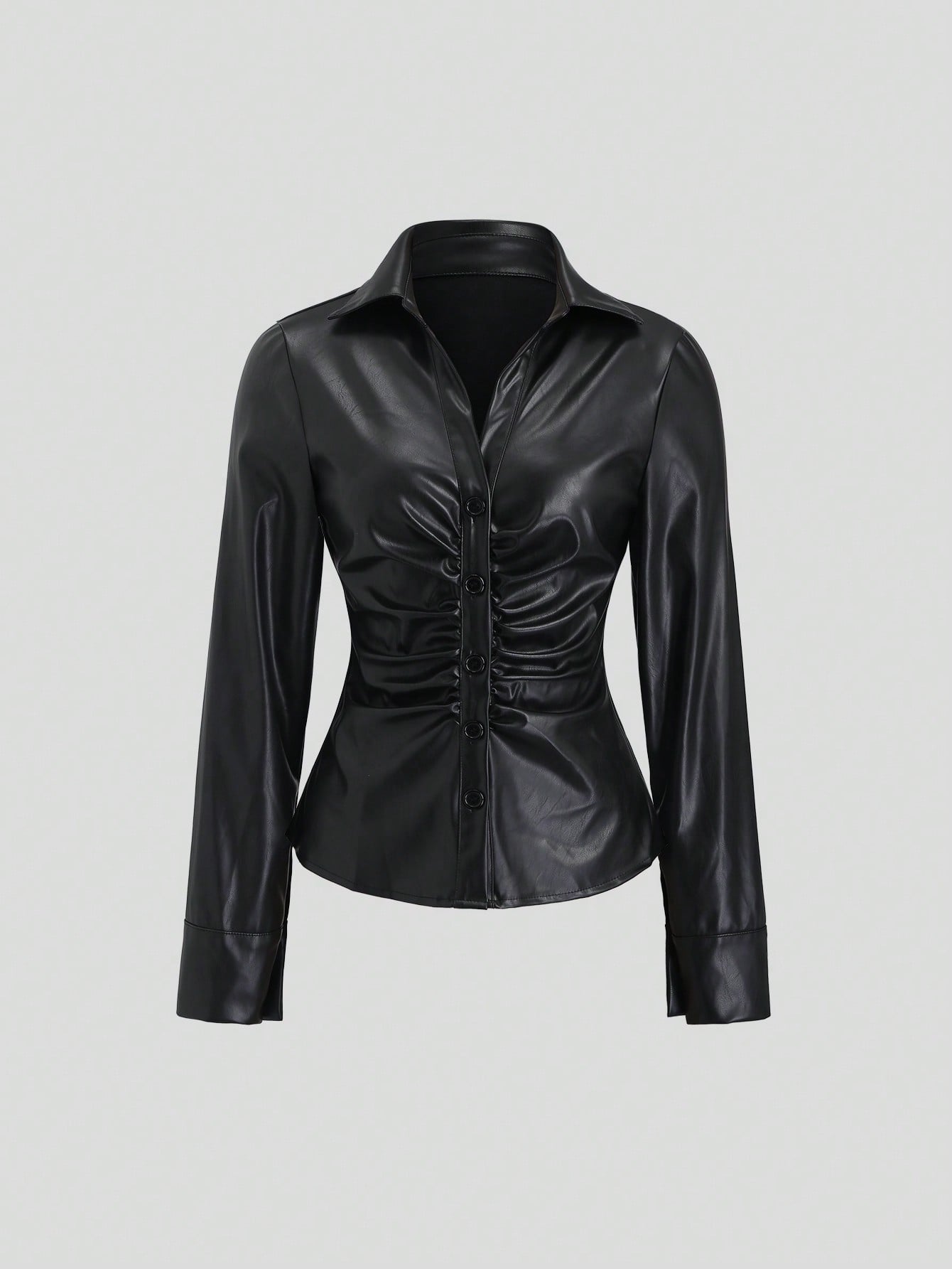 1pc Women's Regular Jacket, Black Leather Cinched Waist Ruched Commuter Vintage Autumn/Winter Coat