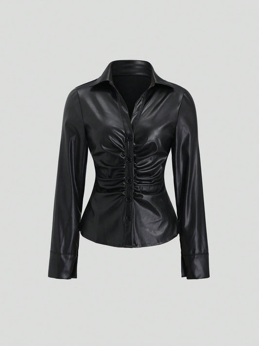 1pc Women's Regular Jacket, Black Leather Cinched Waist Ruched Commuter Vintage Autumn/Winter Coat