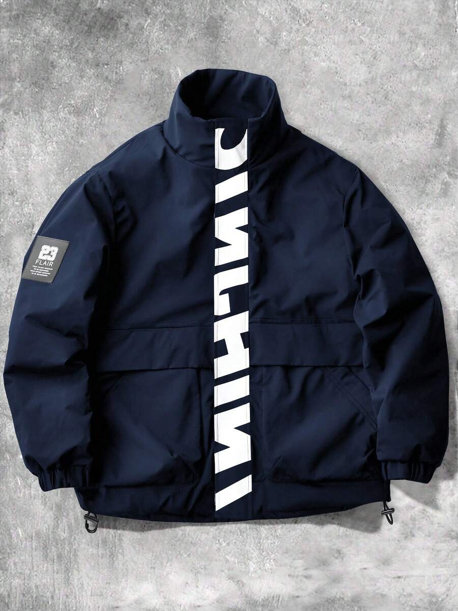 Manfinity Sporsity Men's Casual Versatile Sporty Stand Collar Jacket, Large Graphic Print, Young Couple Style, Large Pockets, Autumn/Winter Jacket Zipup Jacket Windbreaker Jacket Streetwear Jacket Techwear Jacket