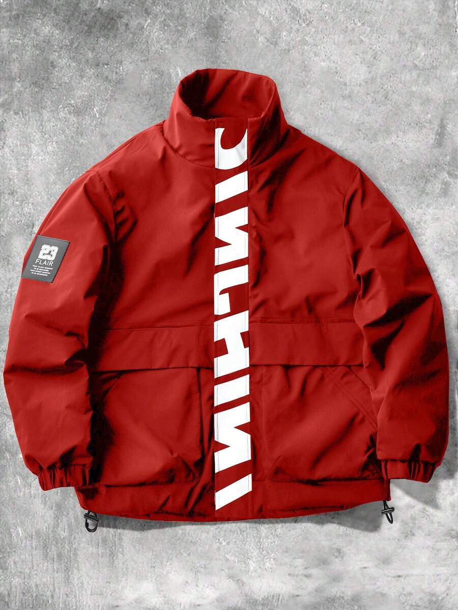 Manfinity Sporsity Men's Casual Versatile Sporty Stand Collar Jacket, Large Graphic Print, Young Couple Style, Large Pockets, Autumn/Winter Jacket Zipup Jacket Windbreaker Jacket Streetwear Jacket Techwear Jacket