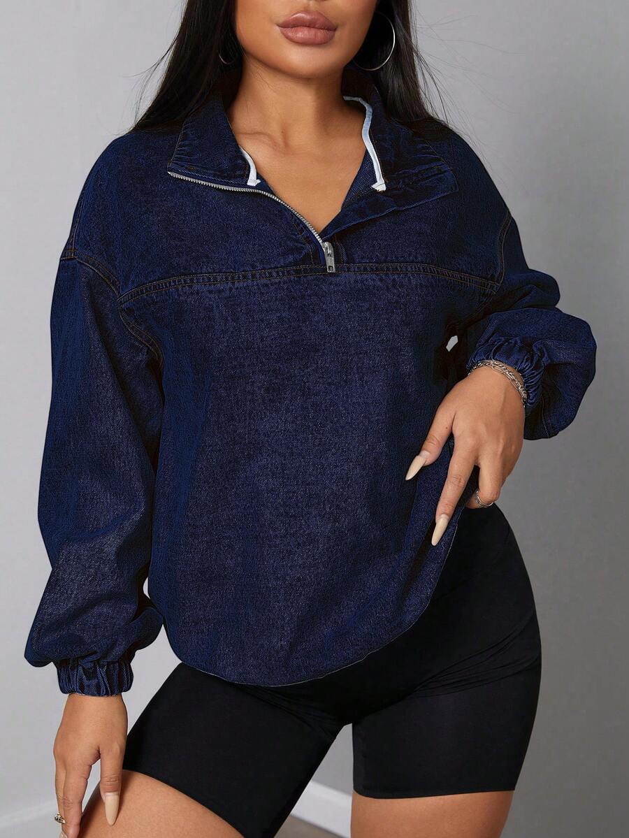 SHEIN SXY Women's Loose Casual Denim Jacket With Dropped Shoulders And Half Zipper, Spring And Autumn
