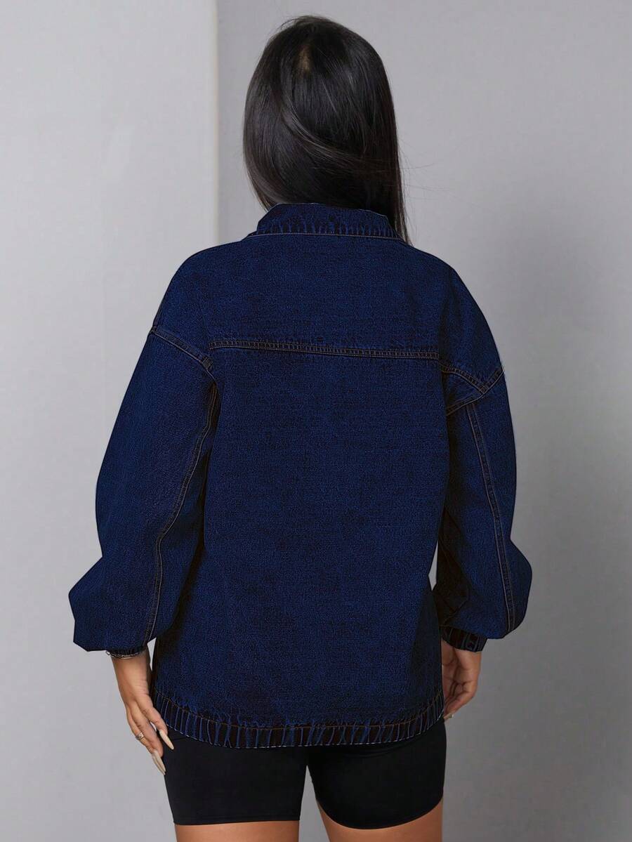 SHEIN SXY Women's Loose Casual Denim Jacket With Dropped Shoulders And Half Zipper, Spring And Autumn