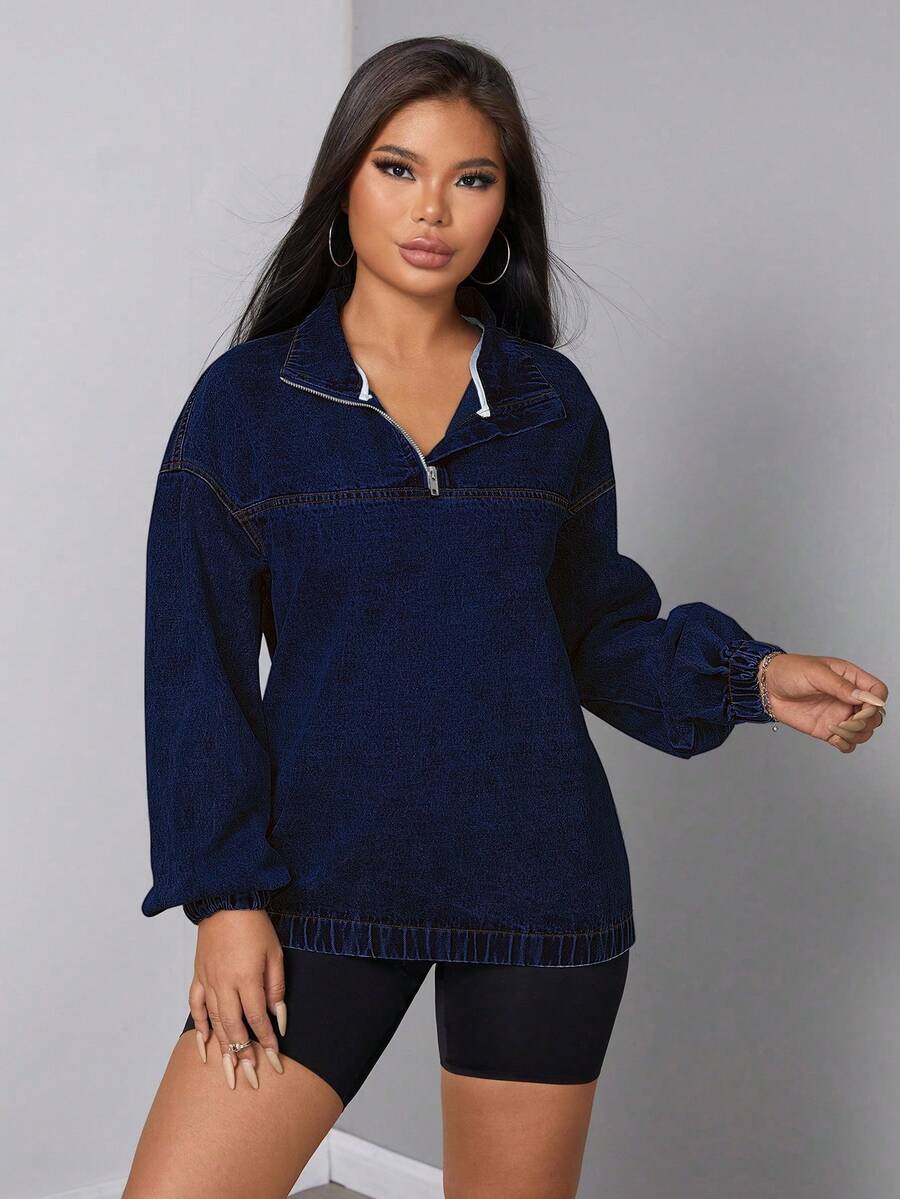 SHEIN SXY Women's Loose Casual Denim Jacket With Dropped Shoulders And Half Zipper, Spring And Autumn