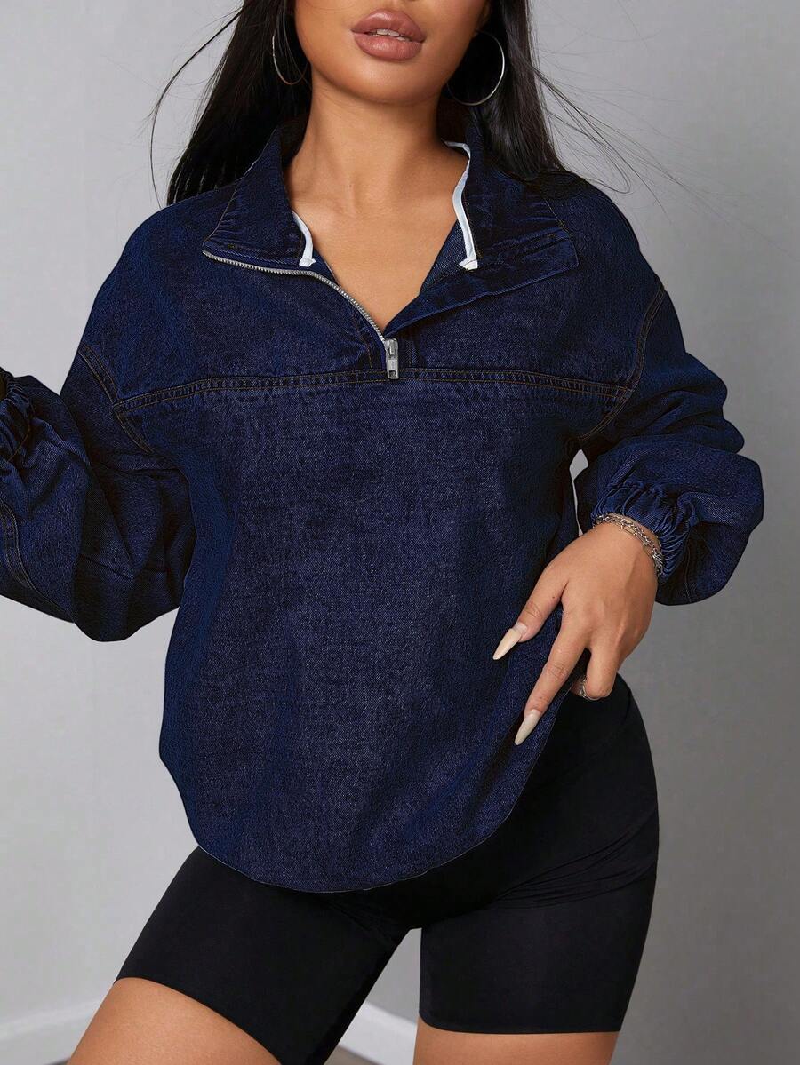 SHEIN SXY Women's Loose Casual Denim Jacket With Dropped Shoulders And Half Zipper, Spring And Autumn