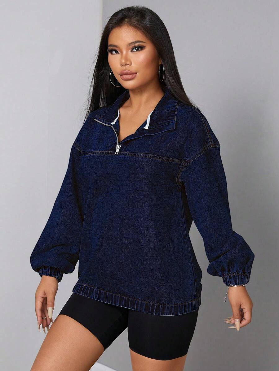 SHEIN SXY Women's Loose Casual Denim Jacket With Dropped Shoulders And Half Zipper, Spring And Autumn
