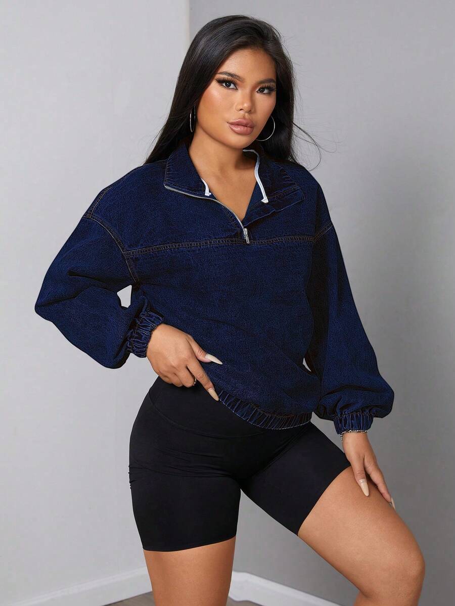 SHEIN SXY Women's Loose Casual Denim Jacket With Dropped Shoulders And Half Zipper, Spring And Autumn