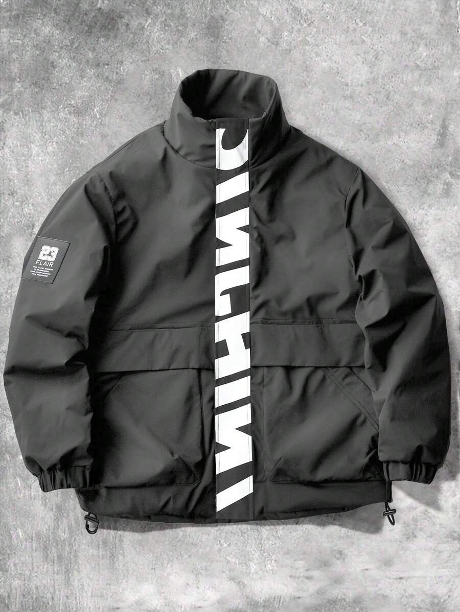 Manfinity Sporsity Men's Casual Versatile Sporty Stand Collar Jacket, Large Graphic Print, Young Couple Style, Large Pockets, Autumn/Winter Jacket Zipup Jacket Windbreaker Jacket Streetwear Jacket Techwear Jacket