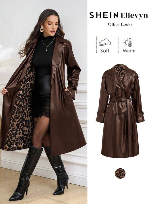 Ellevyn Women's Commuter Leopard Print Lined PU Windbreaker, Lightweight Suitable For Autumn/Winter