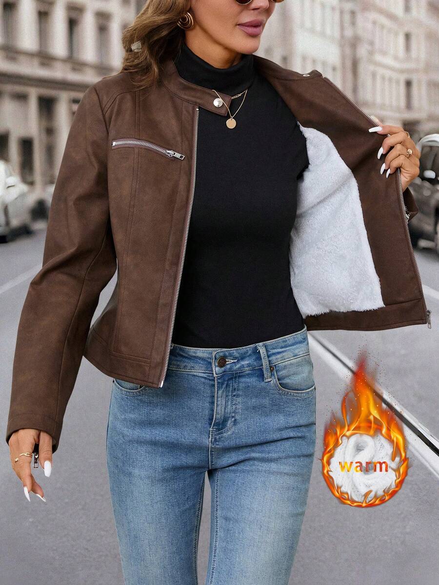 Editum Slim Fit Zip-Up Fleece Jacket With Lining, Black High Collar Casual Street Style Long Sleeve Women's Jacket For Autumn/Winter Black Jacket Women Cropped Jacket Black Crop Jacket Jackets For Women Casual Black Blazer Women,Cozy Fall And Winter Clot