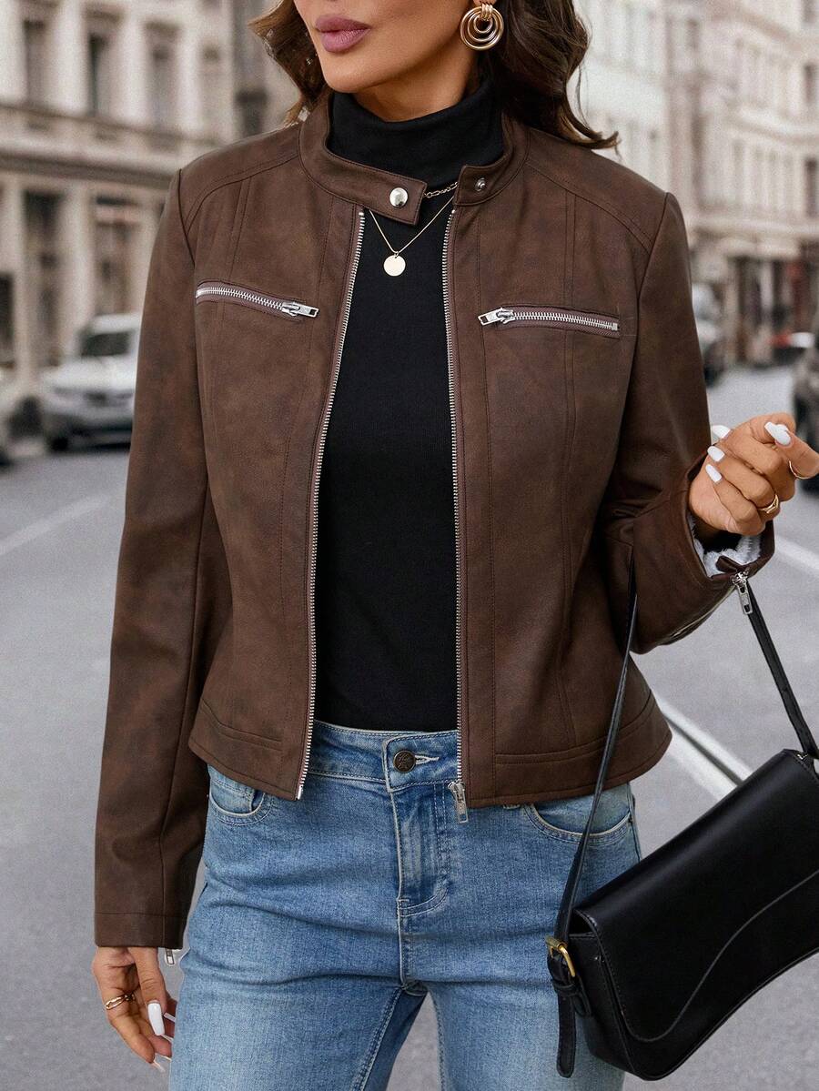 Editum Slim Fit Zip-Up Fleece Jacket With Lining, Black High Collar Casual Street Style Long Sleeve Women's Jacket For Autumn/Winter Black Jacket Women Cropped Jacket Black Crop Jacket Jackets For Women Casual Black Blazer Women,Cozy Fall And Winter Clot