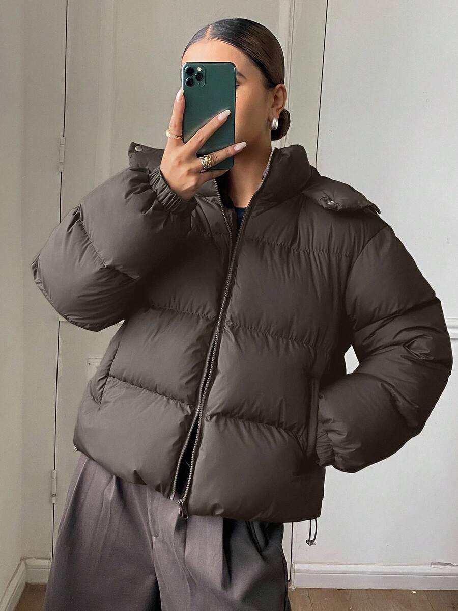 DAZY Women's Solid Color Long Sleeve Zipper Front Casual Hooded Winter Jacket