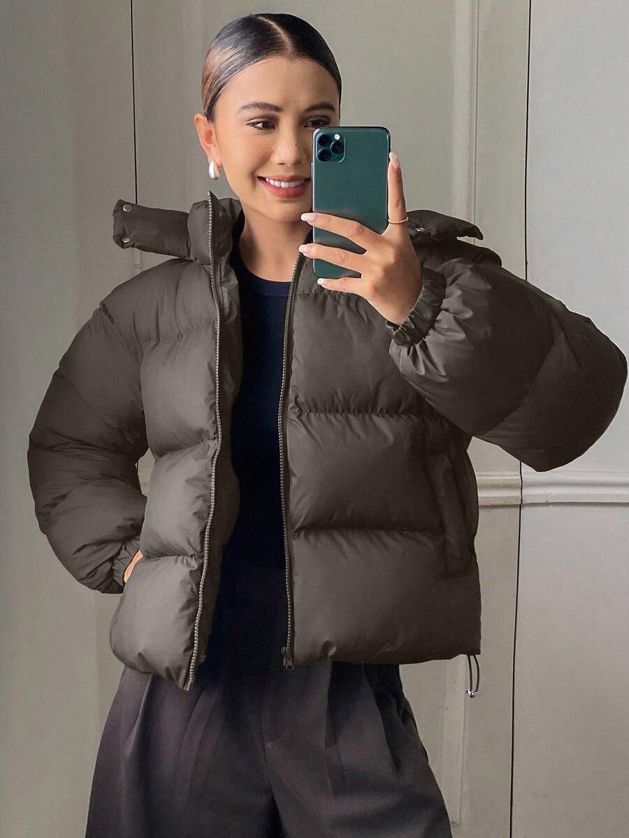 DAZY Women's Solid Color Long Sleeve Zipper Front Casual Hooded Winter Jacket