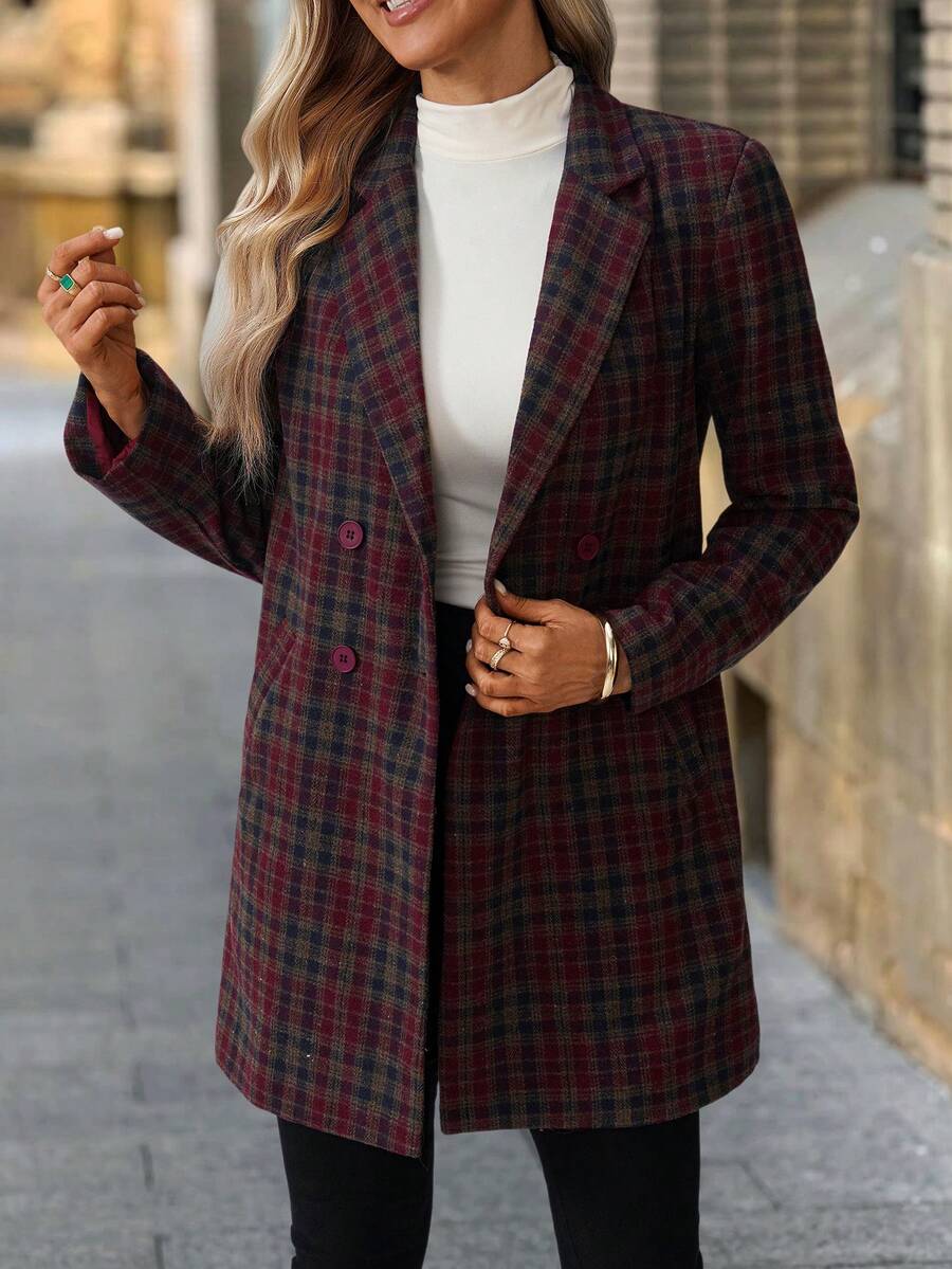Clasi Women's Solid Color Double-Breasted Long Sleeve Woolen Windbreaker, Fashionable For Autumn/Winter