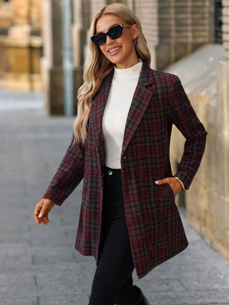 Clasi Women's Solid Color Double-Breasted Long Sleeve Woolen Windbreaker, Fashionable For Autumn/Winter