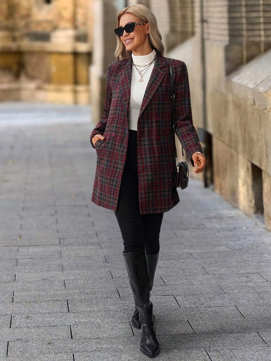 Clasi Women's Solid Color Double-Breasted Long Sleeve Woolen Windbreaker, Fashionable For Autumn/Winter