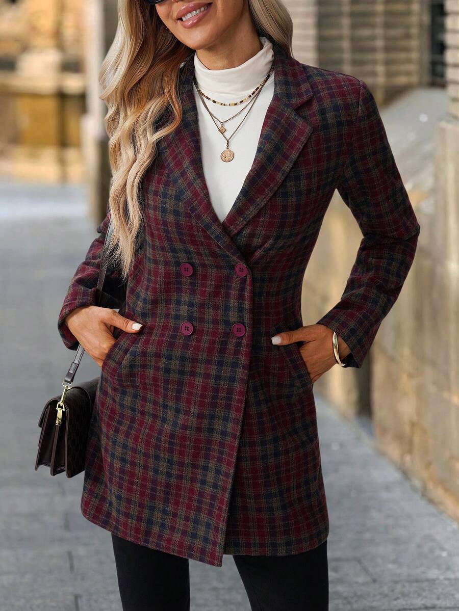 Clasi Women's Solid Color Double-Breasted Long Sleeve Woolen Windbreaker, Fashionable For Autumn/Winter