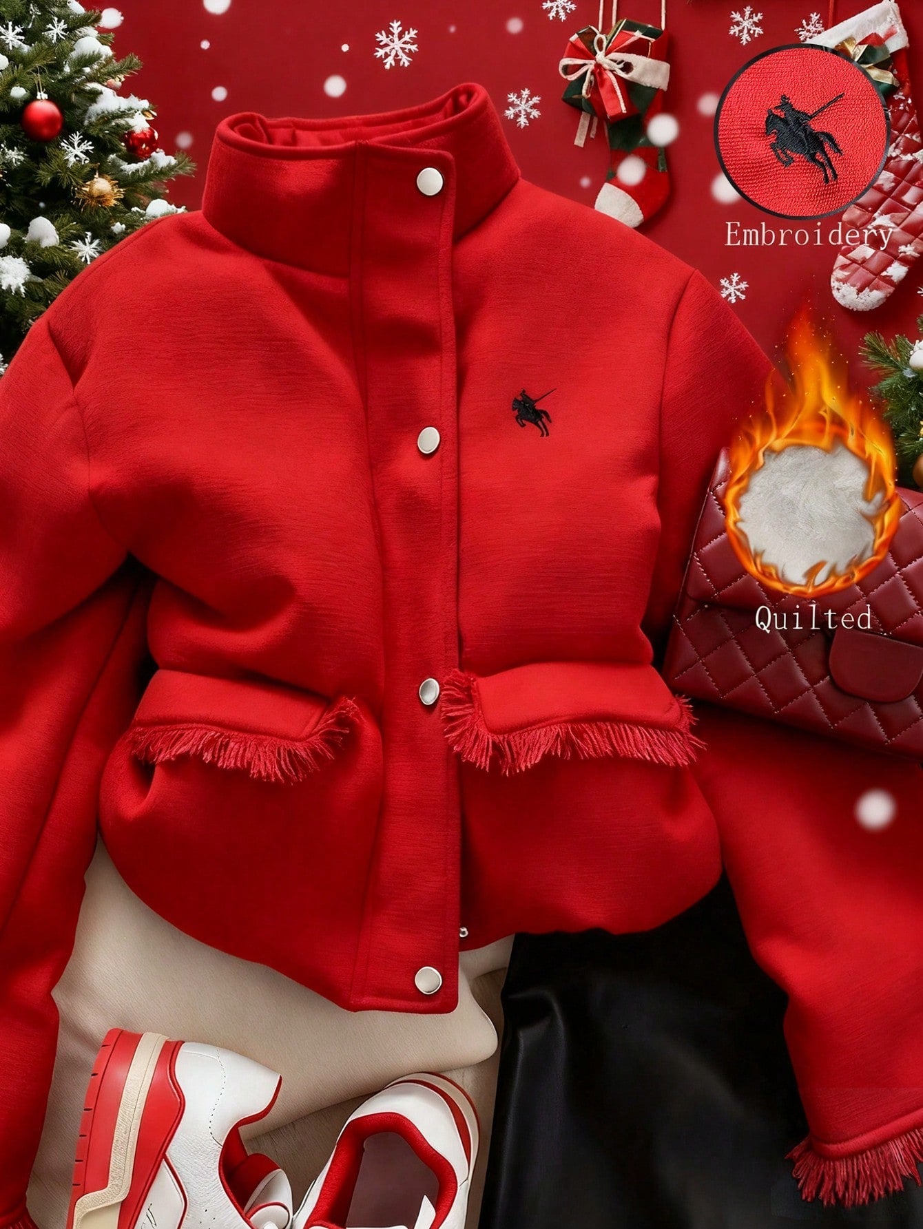 EMERY ROSE Women's Casual Embroidered Padded Coat With Thermal Lining, Autumn, Christmas