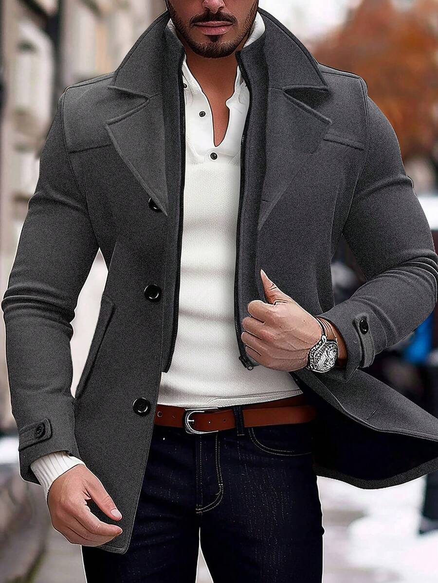 Manfinity Homme Men's Solid Color Long Sleeve Lapel Neck Casual Jacket, Autumn/Winter Black Jacket For Classy Elegant for Men Business Casual Men Black Dress Overcoat