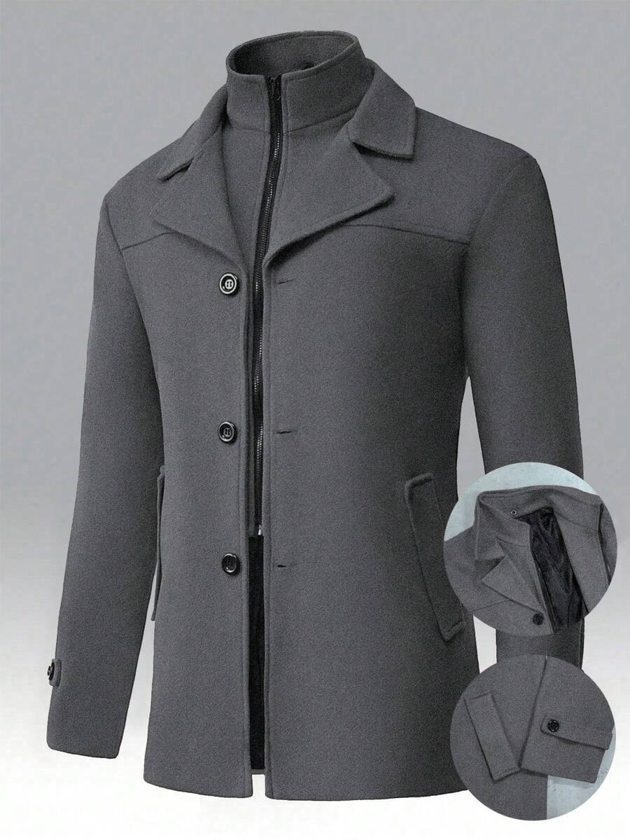 Manfinity Homme Men's Solid Color Long Sleeve Lapel Neck Casual Jacket, Autumn/Winter Black Jacket For Classy Elegant for Men Business Casual Men Black Dress Overcoat