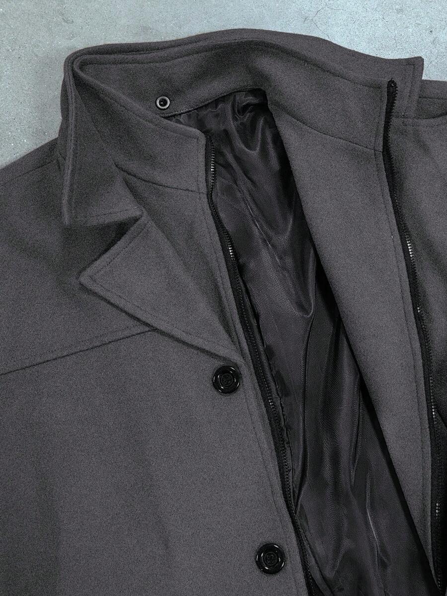 Manfinity Homme Men's Solid Color Long Sleeve Lapel Neck Casual Jacket, Autumn/Winter Black Jacket For Classy Elegant for Men Business Casual Men Black Dress Overcoat