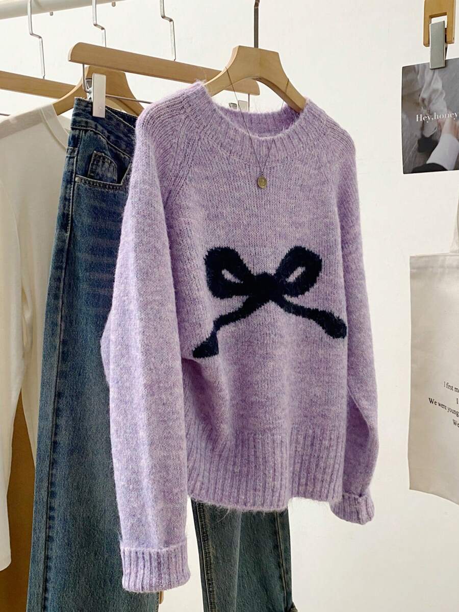 Bow Knit Pullover Sweater, Ribbed Crew Neck Cute Sweater For Women, Autumn