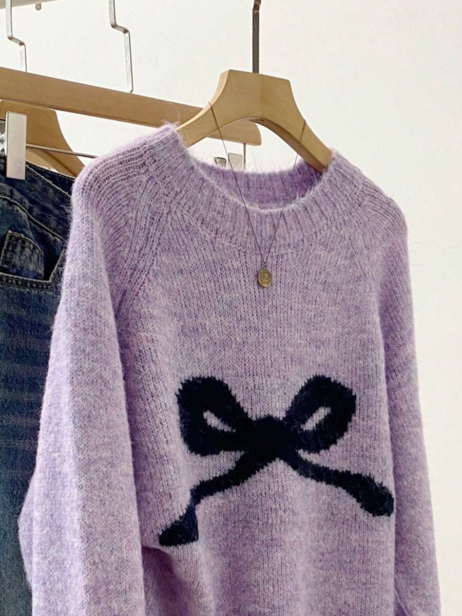 Bow Knit Pullover Sweater, Ribbed Crew Neck Cute Sweater For Women, Autumn